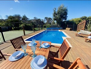 Dine and play at the solar heated pool