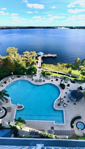 Mickey Mouse shaped pool next to a pretty lake