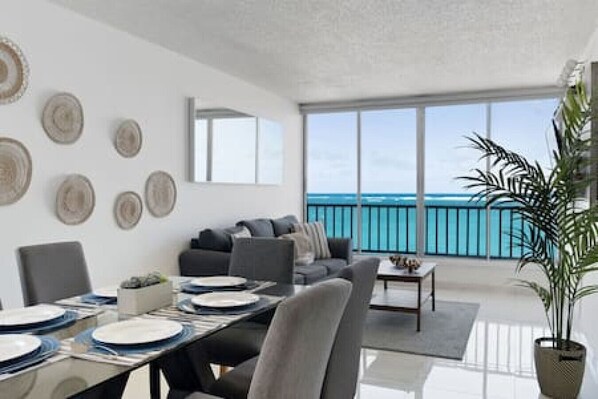 Beautiful open space living and dining area with oceanview