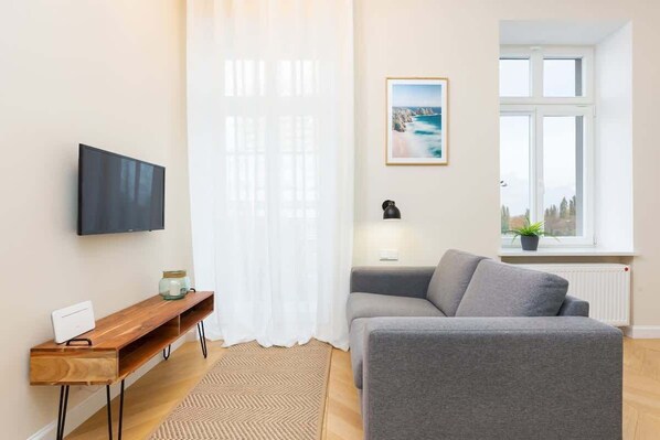 Living room with a comfortable sofa and TV. 