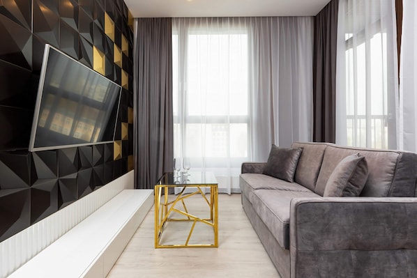 Comfortable, fold-out sofa in the living room.