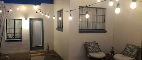 Enjoy the Tucson weather with your own private patio with cafe style lights.