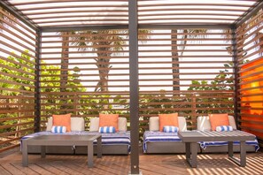 Pool umbrellas, sun loungers