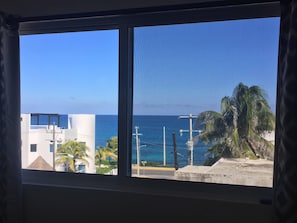 View from the kitchen window.  Every window has black out curtain panels.