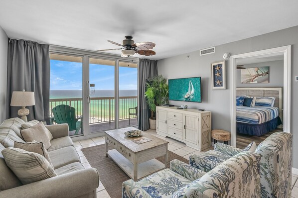 Ocean and Beach views from living room and bedroom