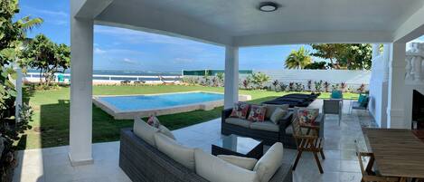 Patio overlooking pool