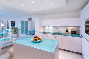 Fully outfitted kitchen decorated in cool contemporary blues and whites