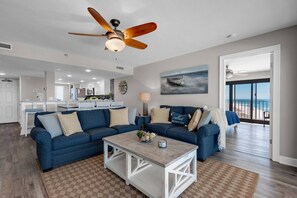 Spacious living room with a sleeper sofa