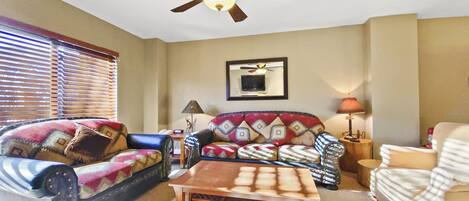 112 Shadow Ridge 2 Bd - a SkyRun Park City Property - Cozy Living Room with Wood Burning Fireplace