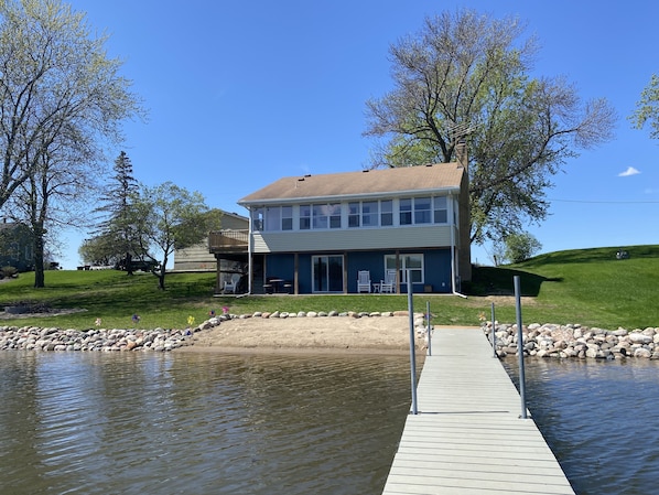 View of the cabin/beach from the end of our dock.