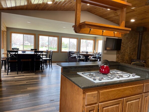 View of lake and porch from kitchen