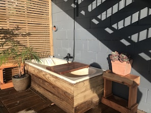 Plummed bath. Enjoy a soak with a view or rinse off in the hot outdoor shower.