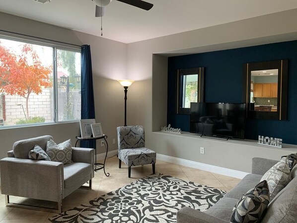 Cozy Family room with 50” Smart TV. 