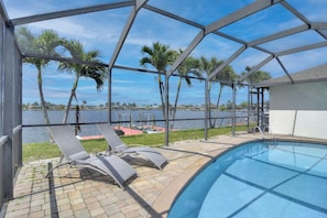 Newly resurfaced pool and patio deck with amazing views of  Thunderbird lake