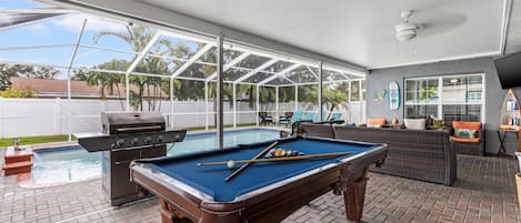 Backyard Entertainment Includes Billiards Table, Heated Pool and Lounge Area with Large Flat Screen TV