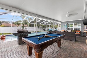 Backyard Entertainment Includes Billiards Table, Heated Pool and Lounge Area with Large Flat Screen TV