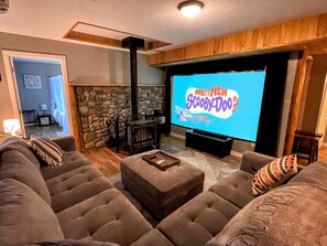 big screen and wood stove