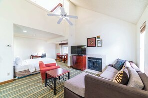 The Loft open floor plan design with fireplace. This is by far our most popular unit with only 5 units that allow pets.