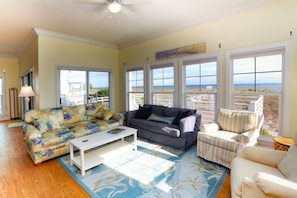 Expansive windows overlooking beach and oceanview