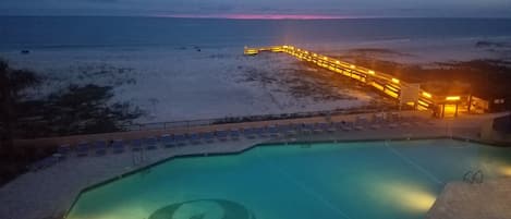 View from balcony at dusk.