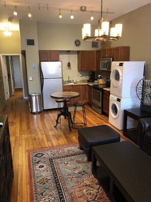 Open living room to kitchen