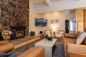 Open living area and wood burning fireplace