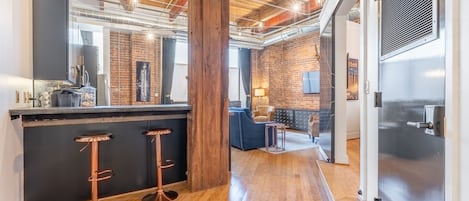 1 bedroom 1890's converted loft with privacy sliding doors.