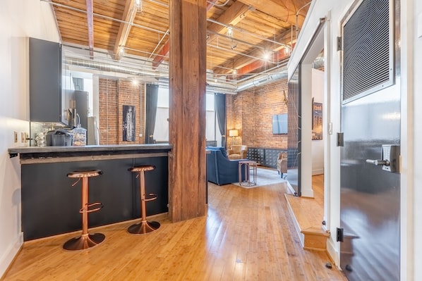 1 bedroom 1890's converted loft with privacy sliding doors.