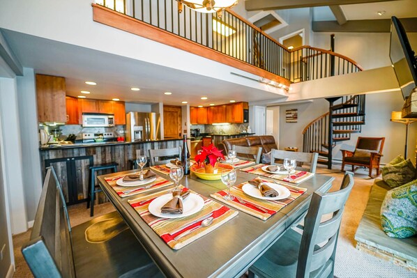 Dining Area & Living Room in this Condo for Rent in Steamboat Springs Colorado