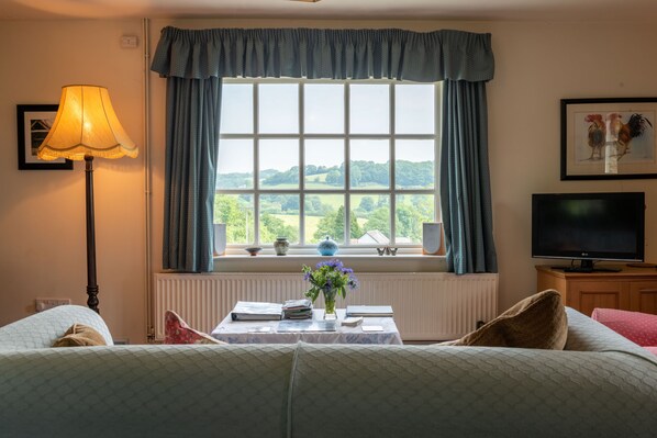 Damson Cottage, sofa looking out across hills