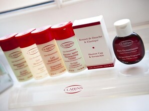 Clarins beauty products in the Bathroom