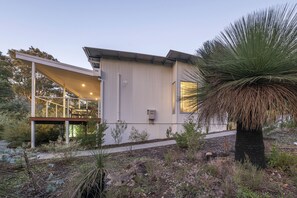 View of accommodation with clear skies looking east from the winter creek 