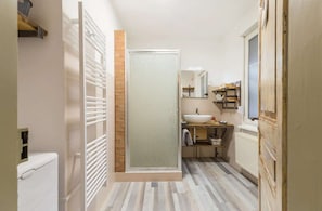Shower room: shower + single washbasin unit + WC + washing machine