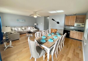 Kitchenette area with small fridge and micro (extended table for up to 10 guest)