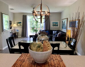 View of living space from kitchen counter.