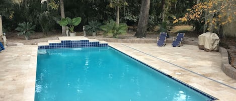 Newly upgraded! Enlarged pool deck, all new tiles! HEATED pool, heat-chill dual.