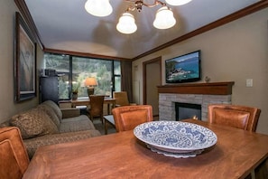 Living room, fireplace and sleeper sofa