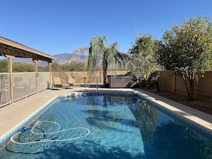 Big backyard.  Fenced pool and hot tub area for safety.