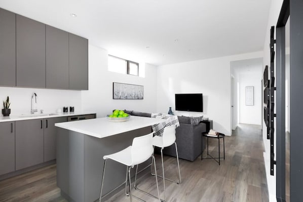 Kitchen, island & main living area