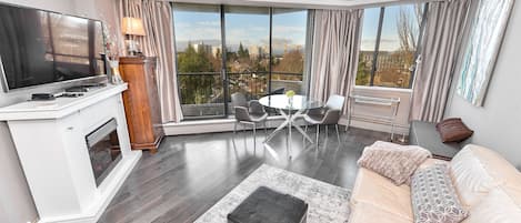 Bright and spacious living room with views.