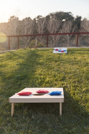 Bean bags, bocce court, and horse shoes