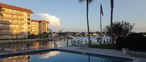 View from the pool deck looking over Moorings Bay