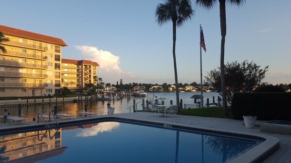 View from the pool deck looking over Moorings Bay