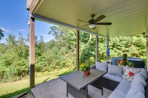 Patio | Fire Pit | Long-Range Mountain Views | Hot Tub