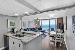 Kitchen, dining area, living room