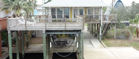 2 boat slips with large upper and lower decks.