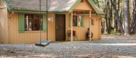 Swing on the swing at the cabin in the woods