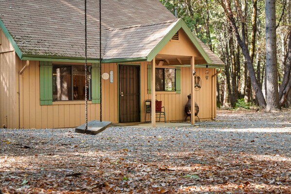 Swing on the swing at the cabin in the woods