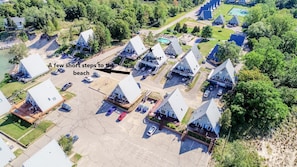 Star shows the location of the chalet, steps from the beach