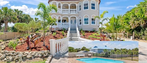 Castle - Front view with a photo inlay with backyard pool/hot tub. Makes Sense?